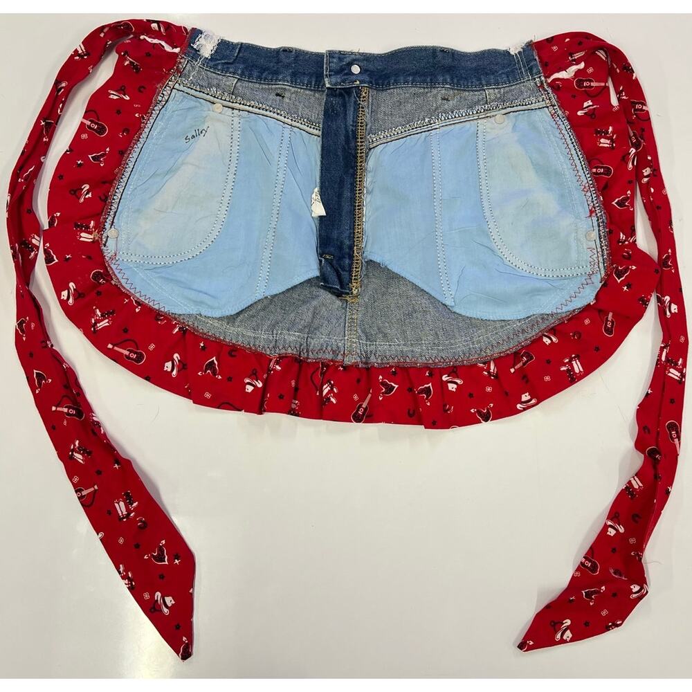 Vintage Homemade Apron Denim -  Lace & Red Western Ruffle Waist one of a Kind - Picture 2 of 8
